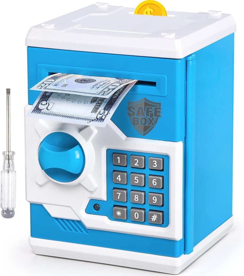The Toys Home ATM Piggy Bank for Kids, Electronic Money Saving Box with 4-Digit Password Lock, Auto Grab Bill and Coin Slot, Blue and White Safe Box, Great Gift Toy for Boys and Girls (White-Blue) - Image 1